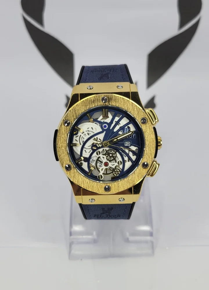 Blue Leather Watch with Gold Case and Date