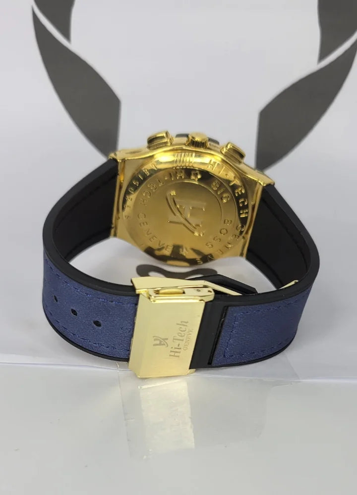 Blue Leather Watch with Gold Case and Date