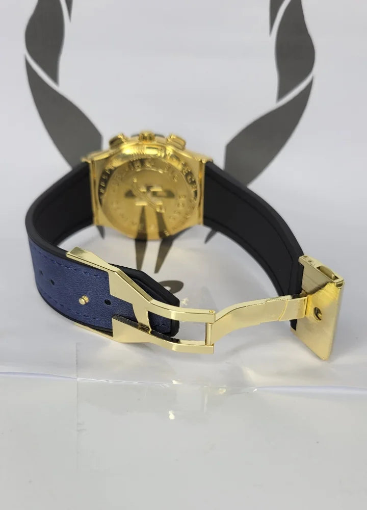 Blue Leather Watch with Gold Case and Date
