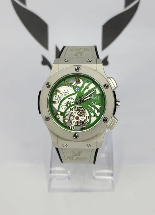 Green/White Dial Watch – Premium Gray Leather Look