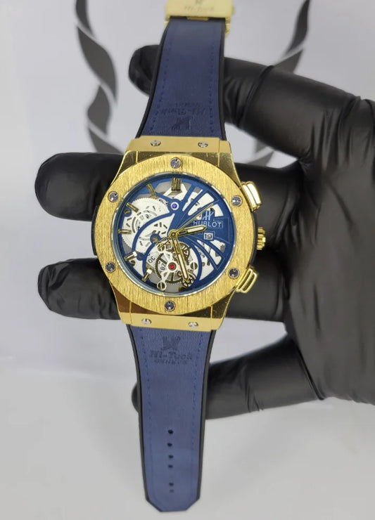 Blue Leather Watch with Gold Case and Date