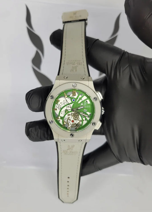 Green/White Dial Watch – Premium Gray Leather Look