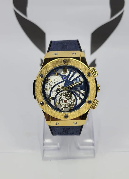 Blue Leather Watch with Gold Case and Date